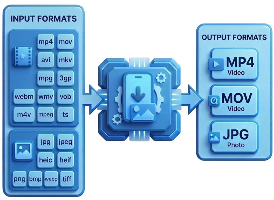 Convert older file formats to JPG, MP4 and MOV and enjoy them on your phone.